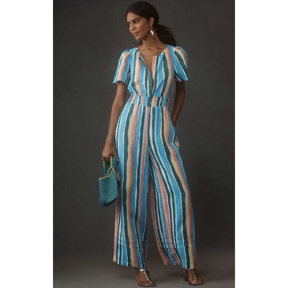 Anthropologie Jumpsuit Somerset Blue Stripe Wide Leg Linen Preppy Boho M NWT